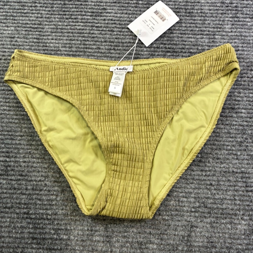 Andie Swim The Bikini Bottom Sage Green Smocked Textured Swimwear AB452 Size S
